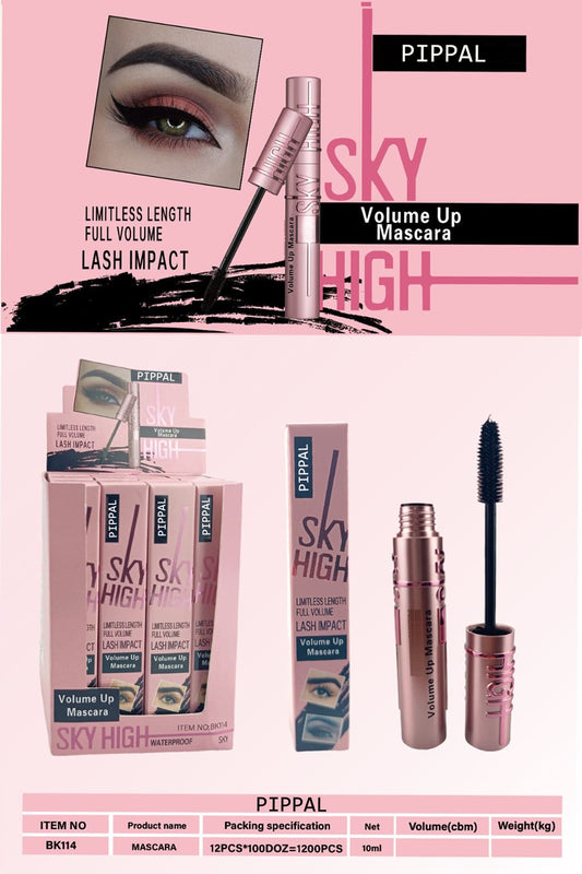 Pippal Sky High Mascara with bold, dramatic lashes, waterproof, ultra-volume, long-lasting formula in a 10g tube.