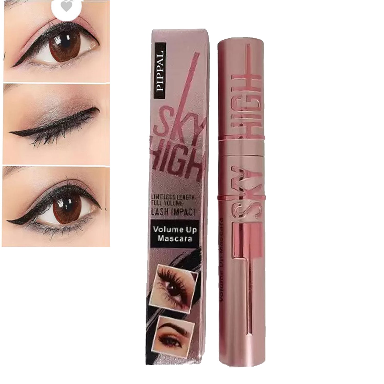 Pippal Sky High Mascara ultra volume waterproof mascara in 10g, showcasing long, thick lashes with volumizing formula.