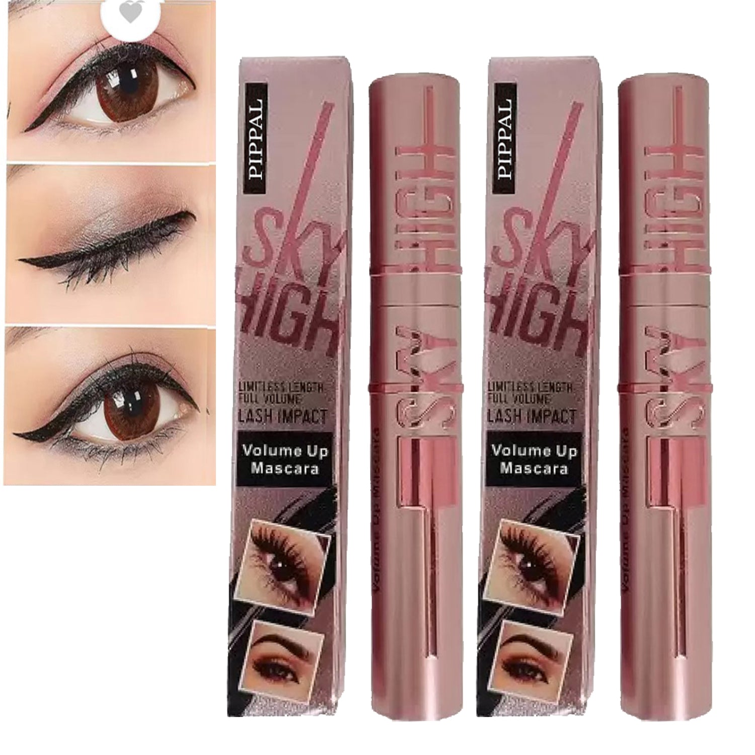 Pippal Sky High Mascara ultra volume and waterproof mascara in a 10g pack, showcasing the mascara wand and brush for long-lasting lift.