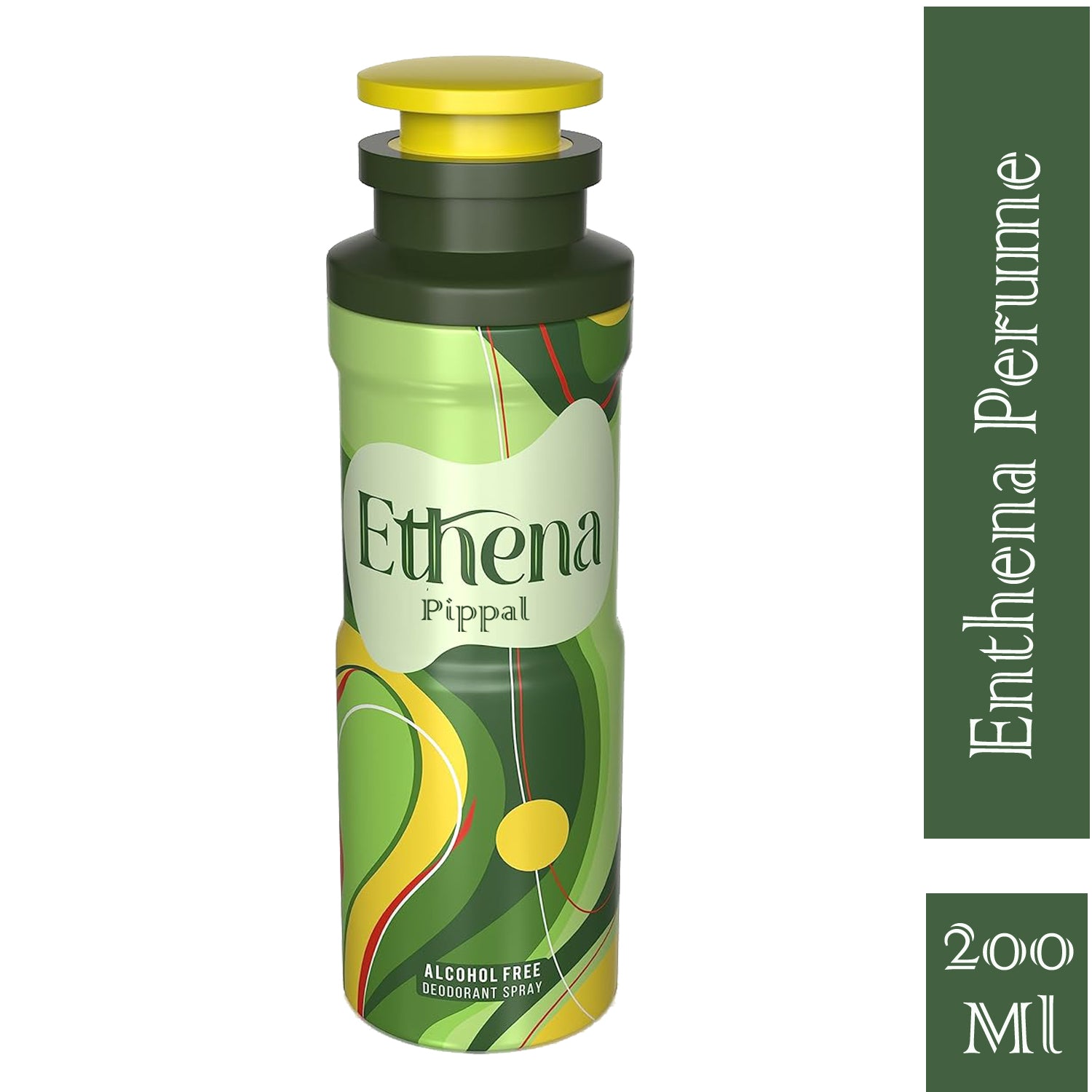 Ethena alcohol-free deodorant spray in 200ml bottle, with sleek packaging, designed for freshness and skin comfort.