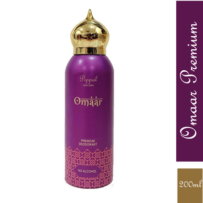Omaar PREMIUM Deodorant No Alcohol 200ml bottle, natural scent, for men, in a clear plastic spray container.