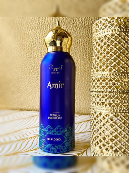 Two bottles of AMIR PREMIUM Deodorant No Alcohol 200ml perfume pack, featuring sleek packaging and brand labeling.