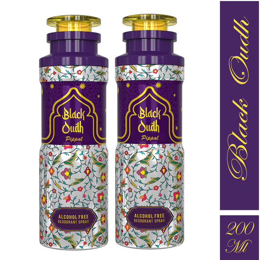 Black Oudh alcohol-free deodorant spray by 6255, two 200ml bottles of perfume-inspired fresh and long-lasting deodorant.