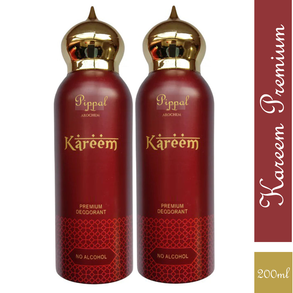 Two bottles of Kareem PREMIUM DEODORANT with no alcohol, 200ml each, in a pack, featuring sleek design and branding.