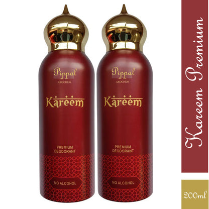 Two bottles of Kareem PREMIUM DEODORANT with no alcohol, 200ml each, in a pack, featuring sleek design and branding.