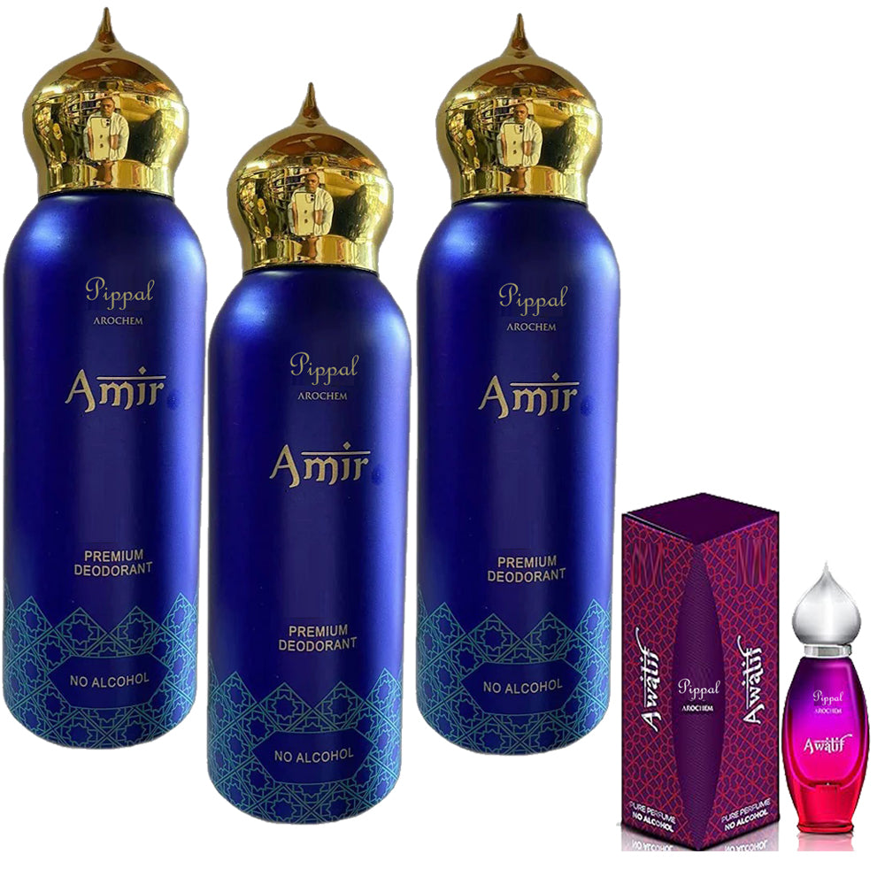 Set of three Amir Premium Deodorants with no alcohol, 200ml spray bottles and 9ml roll-ons, from 6255 perfume brand.