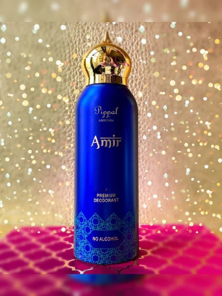 Set of three Amir Premium Deodorant sprays with no alcohol, 200ml and 9ml size, in a perfume-style packaging.