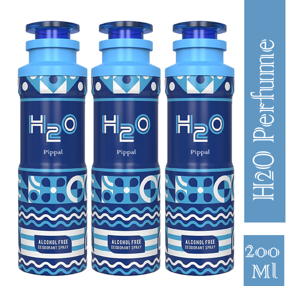Three bottles of 6255 H2O alcohol-free deodorant spray, 200ml each, in a pack of three, with sleek packaging.