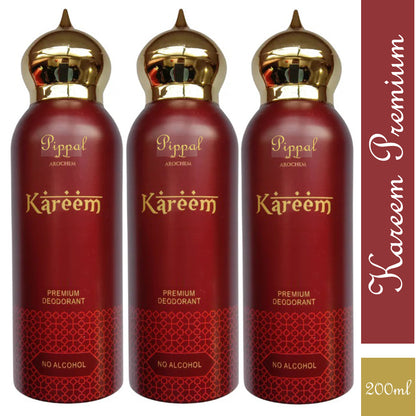 Set of three Kareem PREMIUM deodorant sprays with no alcohol, 200 ml each, in a pack for men’s personal fragrance and freshness.