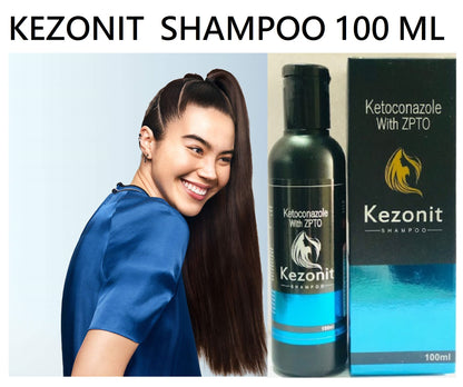 Used Kezonit shampoo for men and women in a single pack, featuring a clear bottle with label and cap, suitable for all hair types