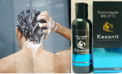 Used 6255 Kezonit shampoo bottle for men and women, in a single pack, with a sleek label and clear cap.