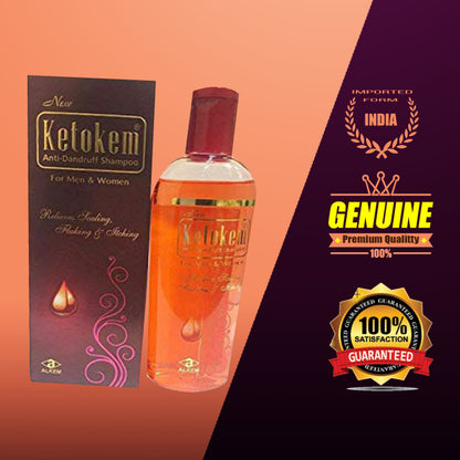 Bottle of New Ketokem anti-dandruff shampoo, 110ml, from the 6255 brand, shown in a clear plastic bottle with label.