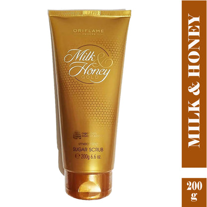 Oriflame Milk & Honey Gold Smoothing Sugar Scrub 200g, a gentle exfoliating cream for skin nourishment and smoothness.