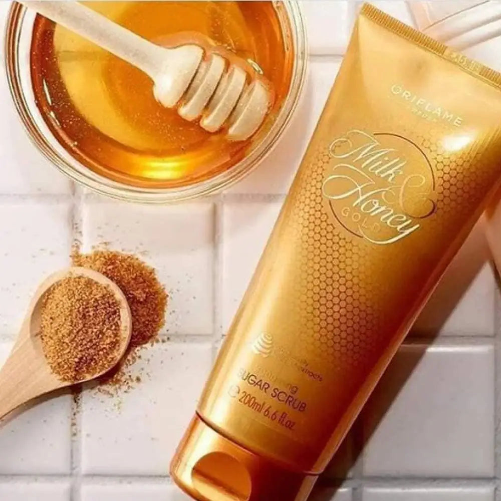 Oriflame Milk & Honey Gold Smoothing Sugar Scrub 200g, a gentle exfoliating cream for smooth, radiant skin.