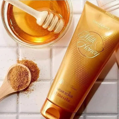 Oriflame Milk & Honey Gold Smoothing Sugar Scrub 200g, a gentle exfoliating cream for smooth, radiant skin.