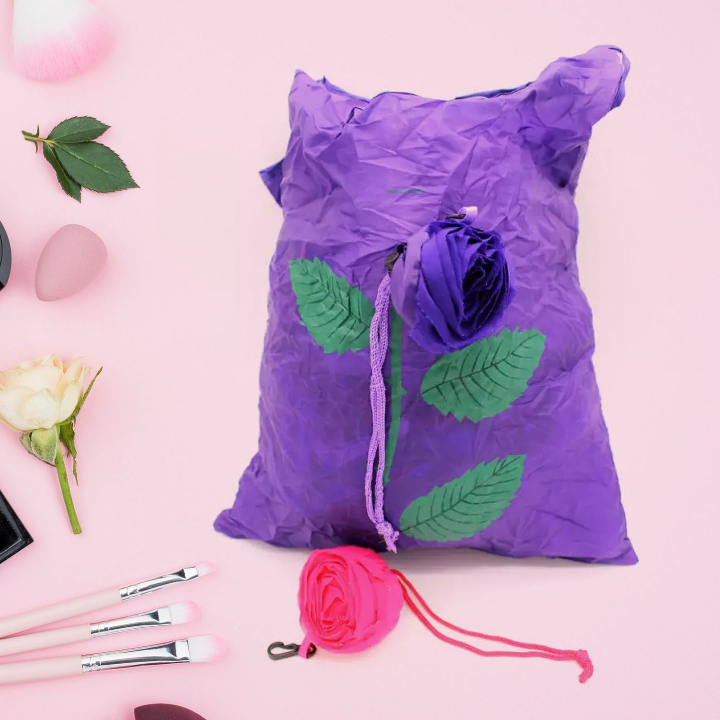 Wukusy foldable nylon shopping bag in cute rose shape, portable, eco-friendly, large capacity, folds into pocket for travel or grocery use.