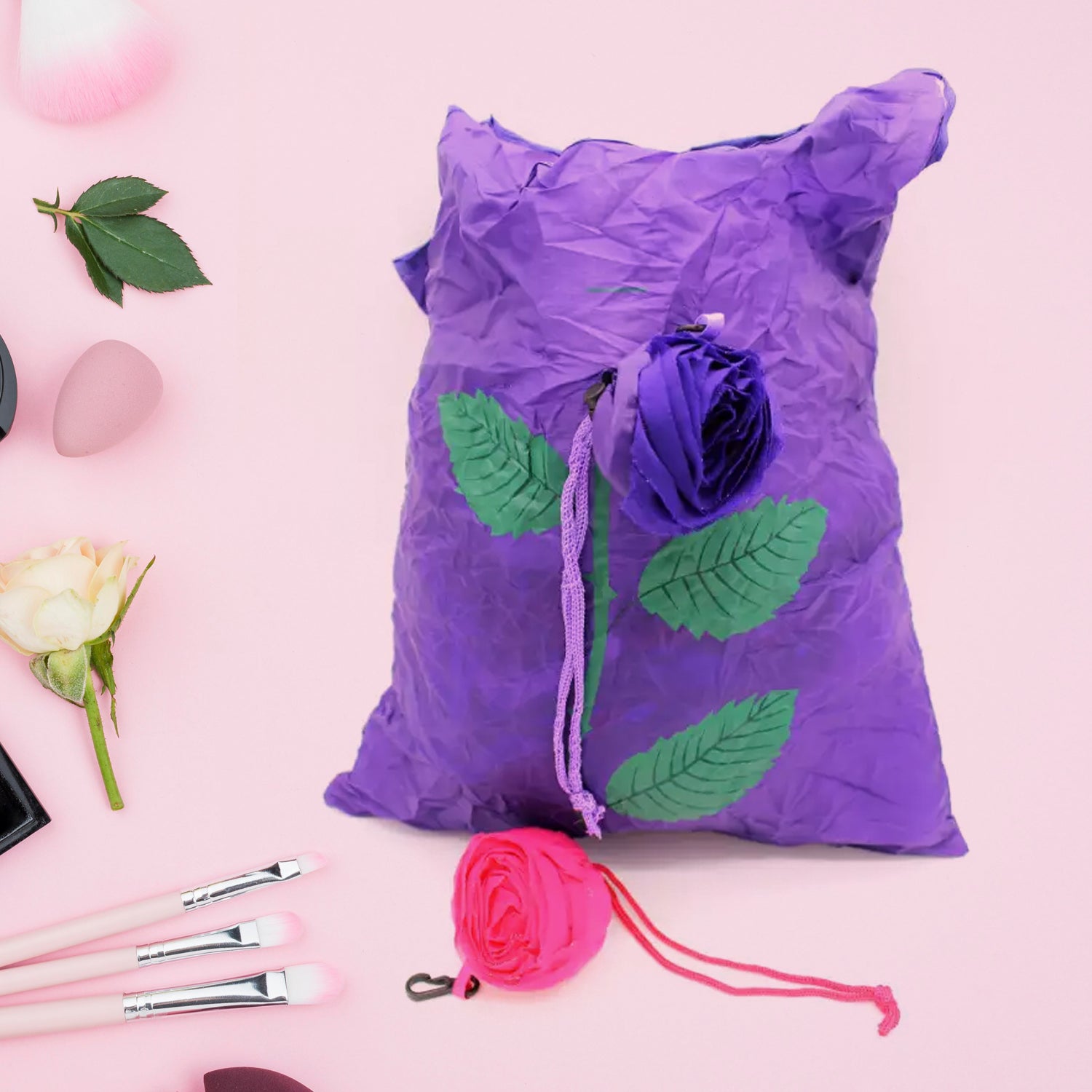 Wukusy foldable nylon shopping bag in cute rose shape, portable, eco-friendly, large capacity, folds into pocket for travel or grocery use.