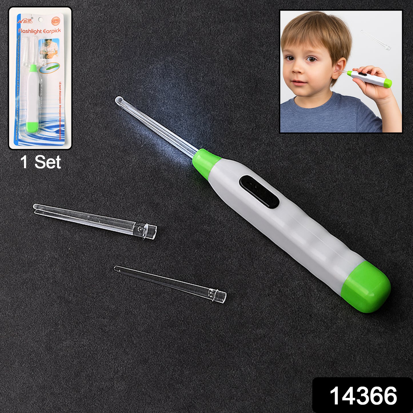 Wukusy 5-in-1 LED flashlight ear pick with interchangeable transparent ear wax removal heads, handheld for safe ear cleaning.