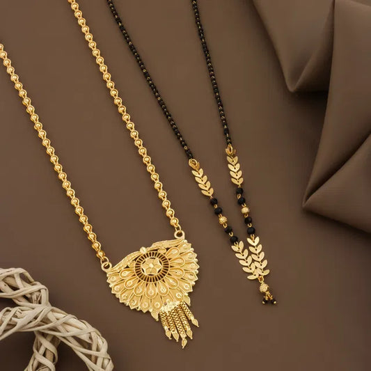 Gold plated long Moti Mala Mangalsutra with short Mangalsutra for women, 30-inch and 24-inch, featuring intricate traditional design.