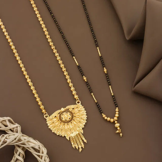 Gold plated long Moti Mala Mangalsutra with short Mangalsutra for women, featuring 30-inch and 24-inch lengths, from 6366.