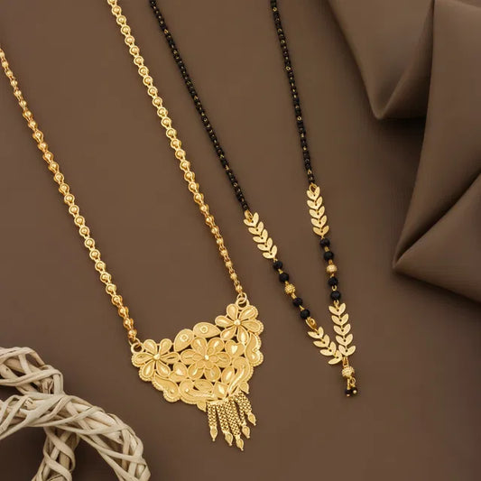 Gold plated long and short womens Mangalsutra set with Moti beads, featuring 30-inch and 24-inch lengths, by 6366.