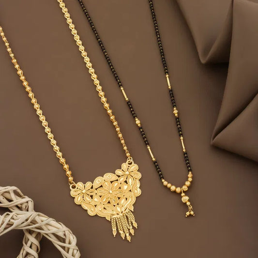 Gold-plated women's Mangalsutra set with long 30-inch and short 24-inch Moti Mala, featuring traditional design and intricate detailing.