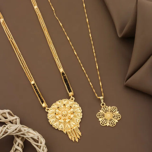 Gold women's mangalsutra set with moti beads, long and short styles, featuring traditional design from 6366 brand.