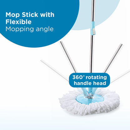 Wukusy 8703 Spin Mop with larger wheels and auto-fold plastic handle for 360-degree cleaning, shown with mop head and handle.