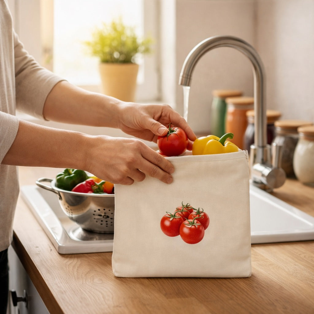 Reusable cotton vegetable storage bags by Drpshippr, washable breathable bags for fridge vegetable storage, pack of 2.