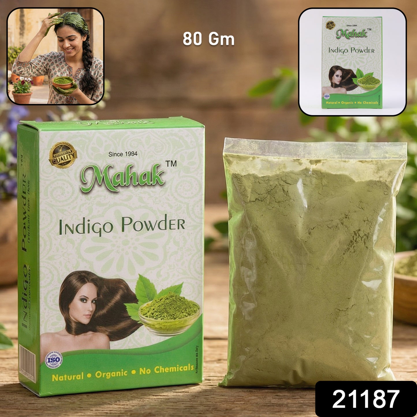 Natural indigo powder for traditional hair care in an 80g container, by Wukusy, shown in a close-up image of the powder.