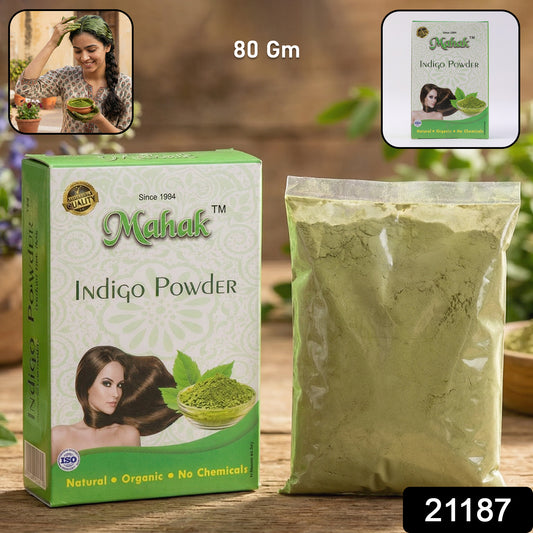 Natural indigo powder for traditional hair care in an 80g container, by Wukusy, shown in a close-up image of the powder.