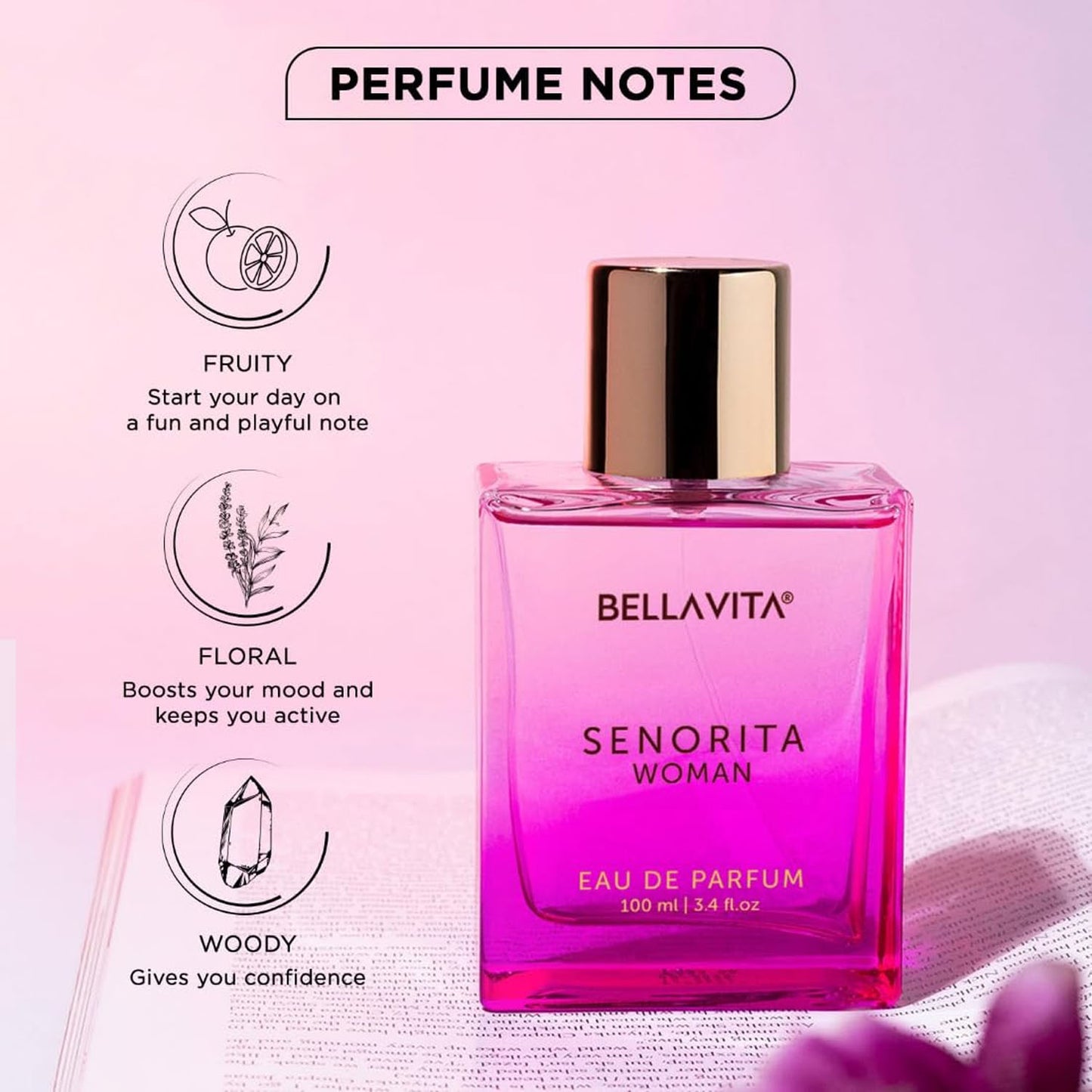 Bellavita Premium Senorita Woman Eau De Perfume 100ml bottle by Wukusy, featuring elegant packaging and floral fragrance.