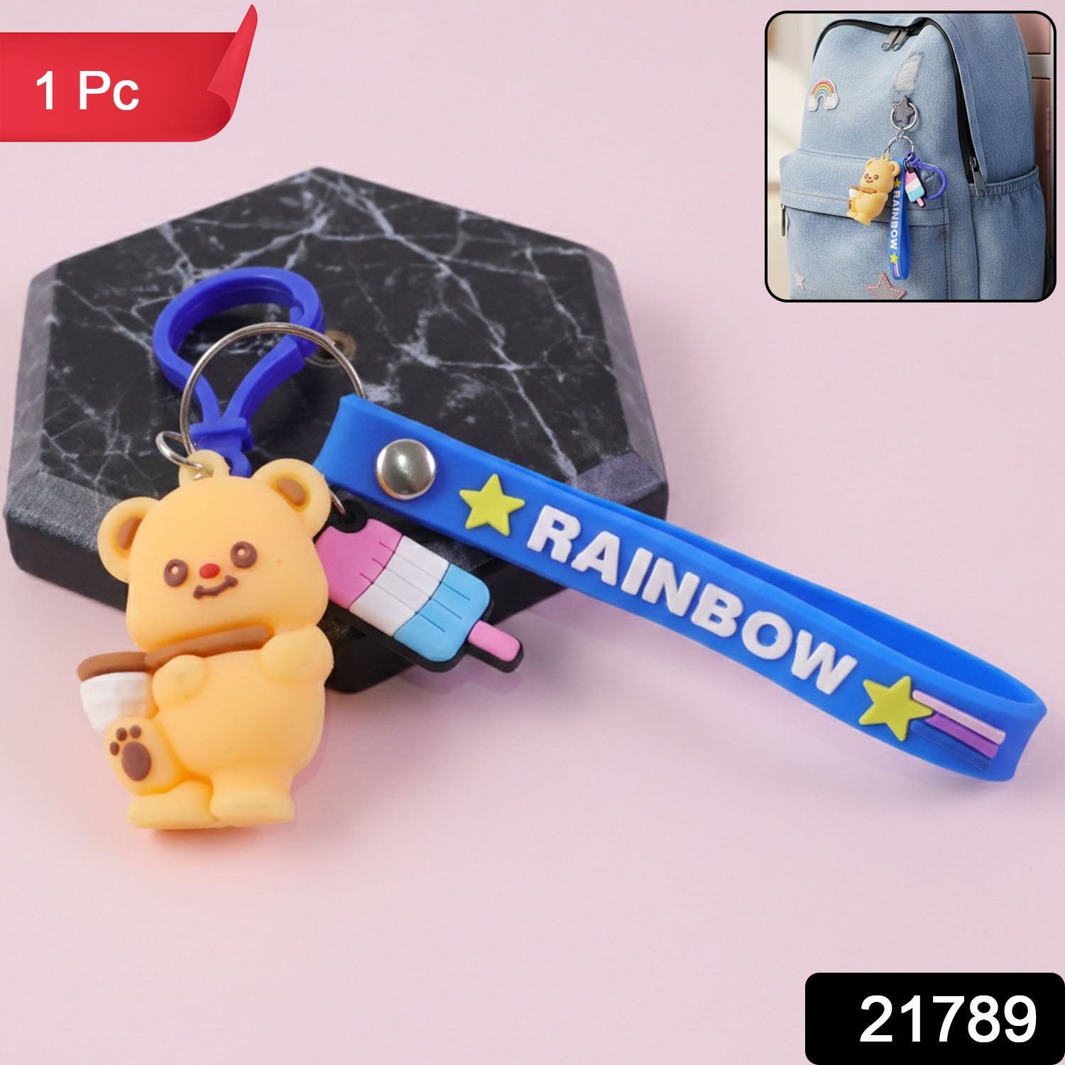Cute bear cartoon keychain with rainbow strap from Wukusy, featuring a adorable bear design on a colorful keychain accessory.