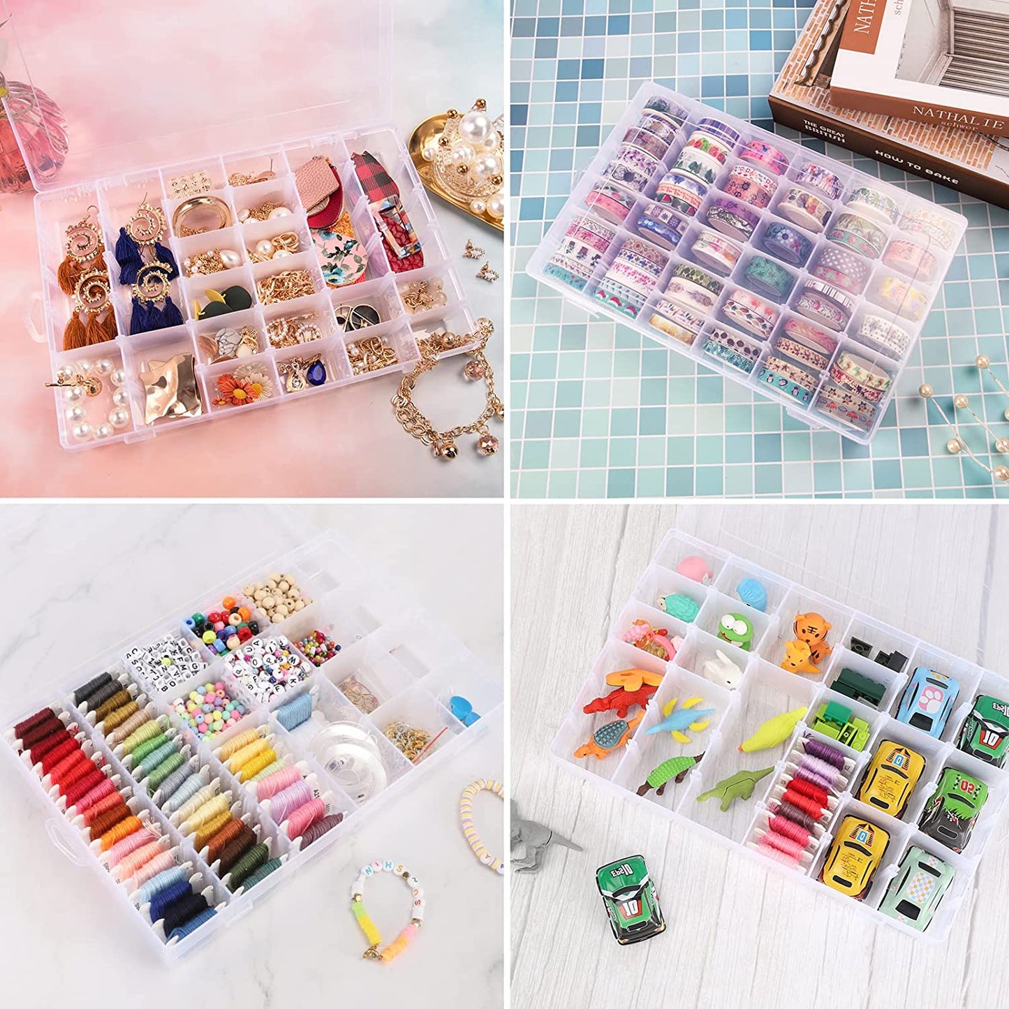 Wukusy 7673a clear plastic jewelry organizer box with 36 grids and adjustable dividers for easy storage and organization.