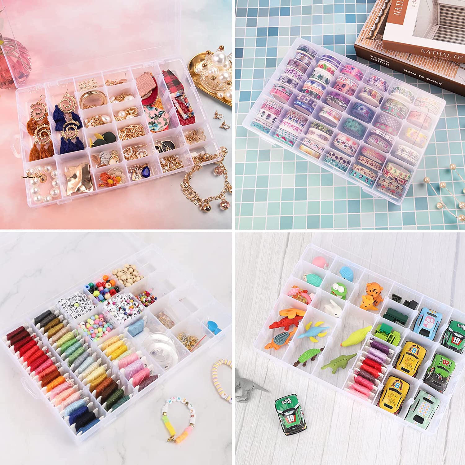 Wukusy 7673a clear plastic jewelry organizer box with 36 grids and adjustable dividers for easy storage and organization.