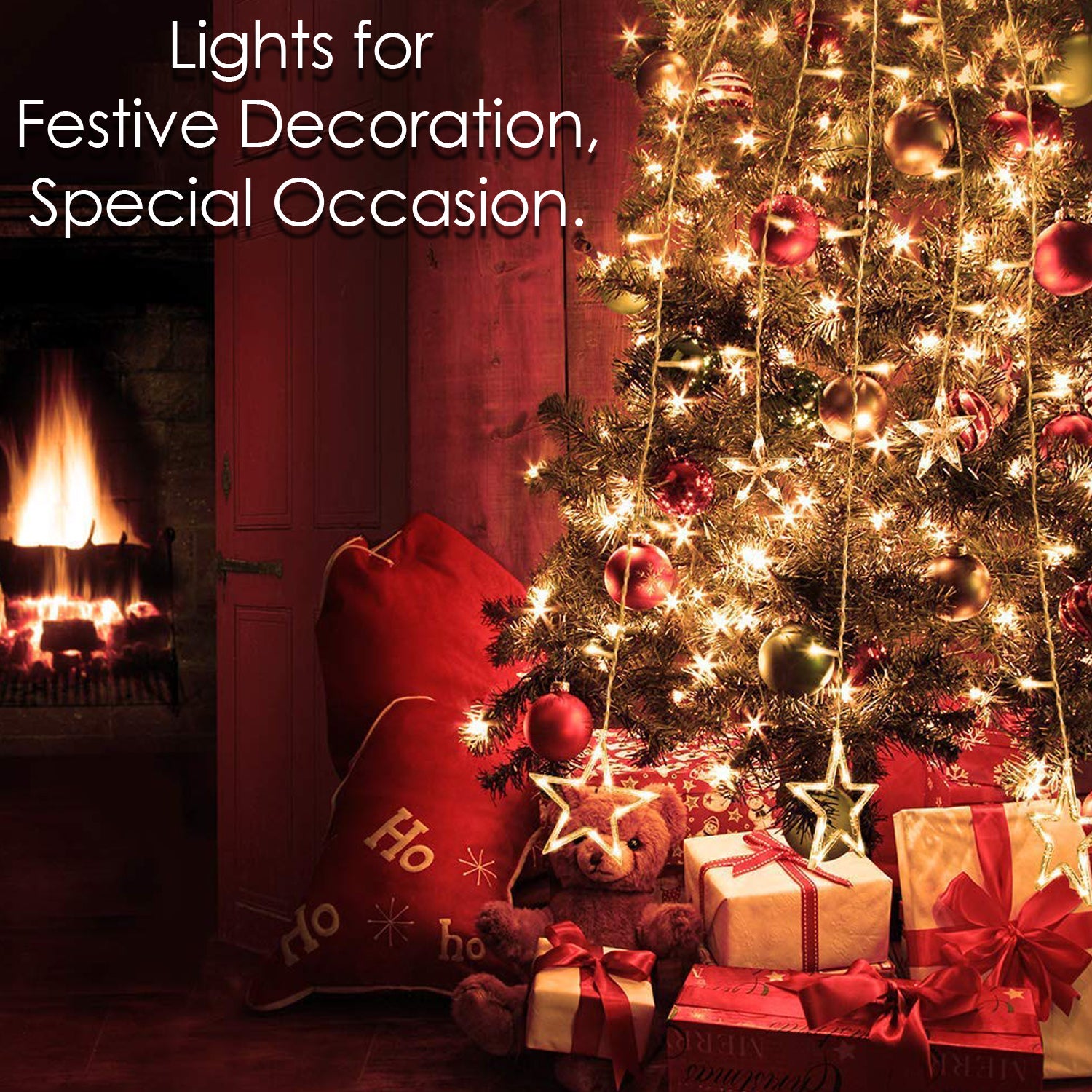 Wukusy 12 Stars curtain string lights with 8 flashing modes hanging in a window, used for festive home decor.
