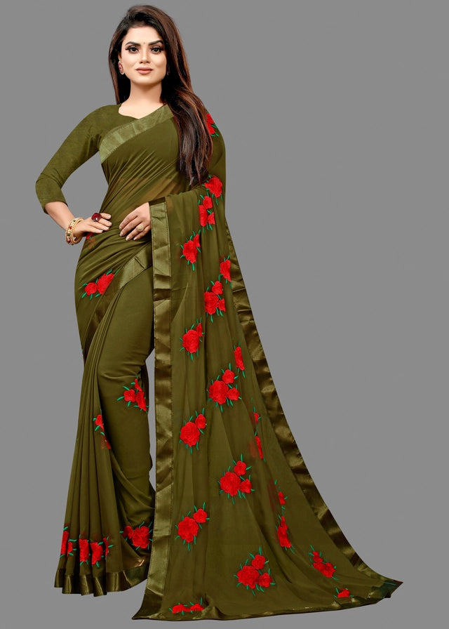 Olive green Georgette embroidered saree for women with intricate embroidery, 6.3 meters long, paired with matching blouse.