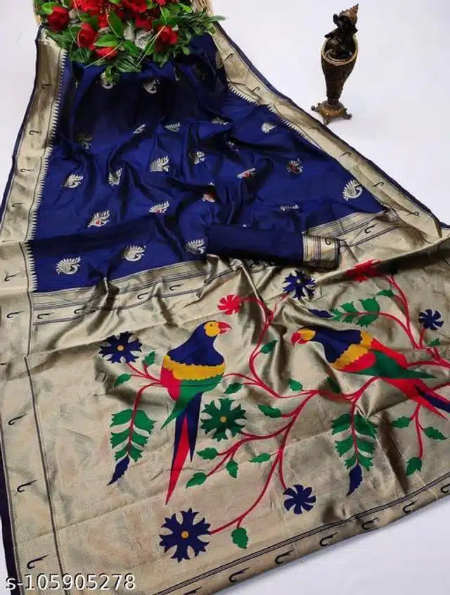 Blue Banarasi Silk Saree for women with intricate gold motifs, 6.3 meters long, paired with a matching blouse.