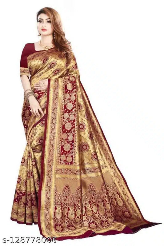 Golden and dark red jacquard saree with matching blouse for women, 6.3 meters long, detailed fabric pattern and elegant design