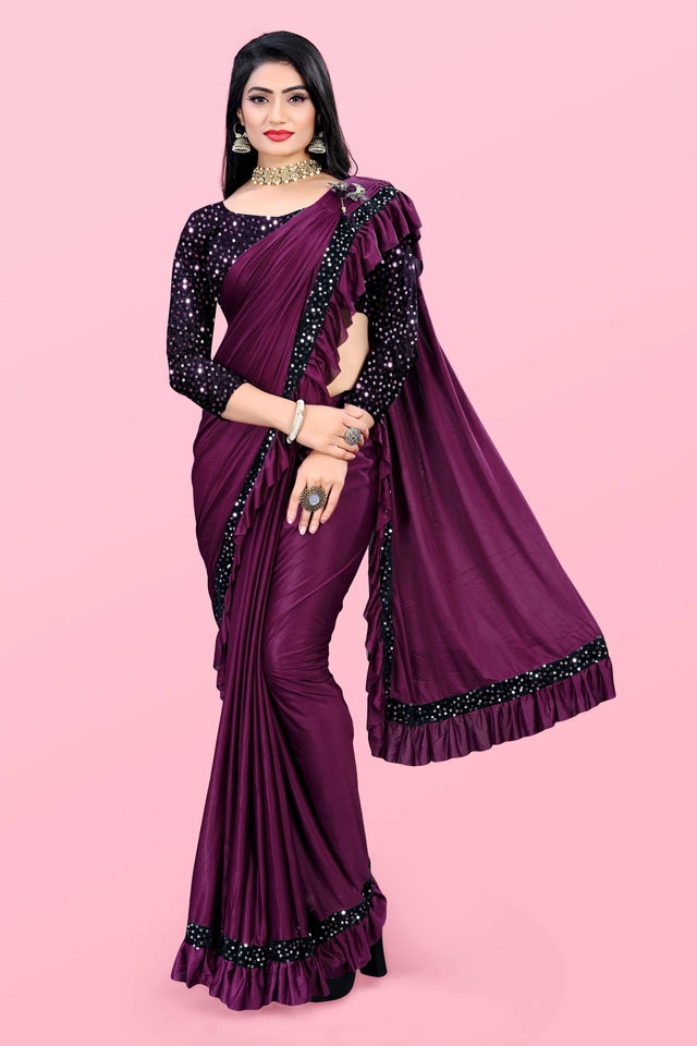 Maroon Lycra blend solid saree for women with matching blouse, 6.3 meters long, shown draped on a mannequin.