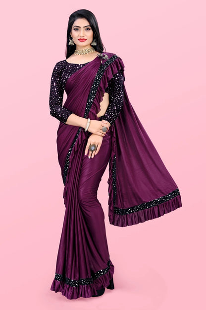 Maroon Lycra blend solid saree for women with matching blouse, 6.3 meters long, shown draped on a mannequin.