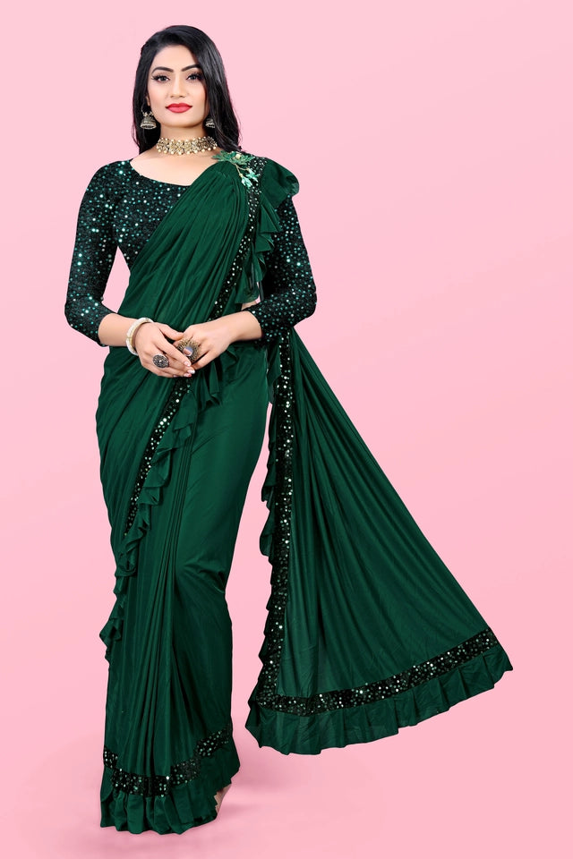Maroon lycra blend solid saree for women, 6.3 meters long, with matching blouse, displayed on a hanger in a retail setting.