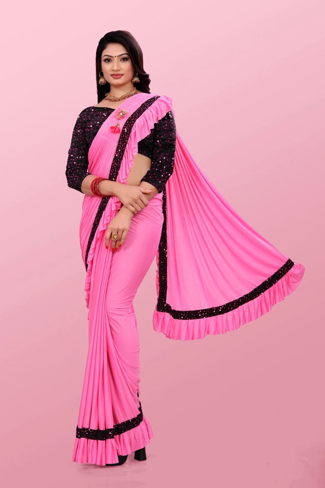 Maroon lycra blend solid saree for women with matching blouse, 6.3 meters length, featuring smooth fabric and elegant drape.