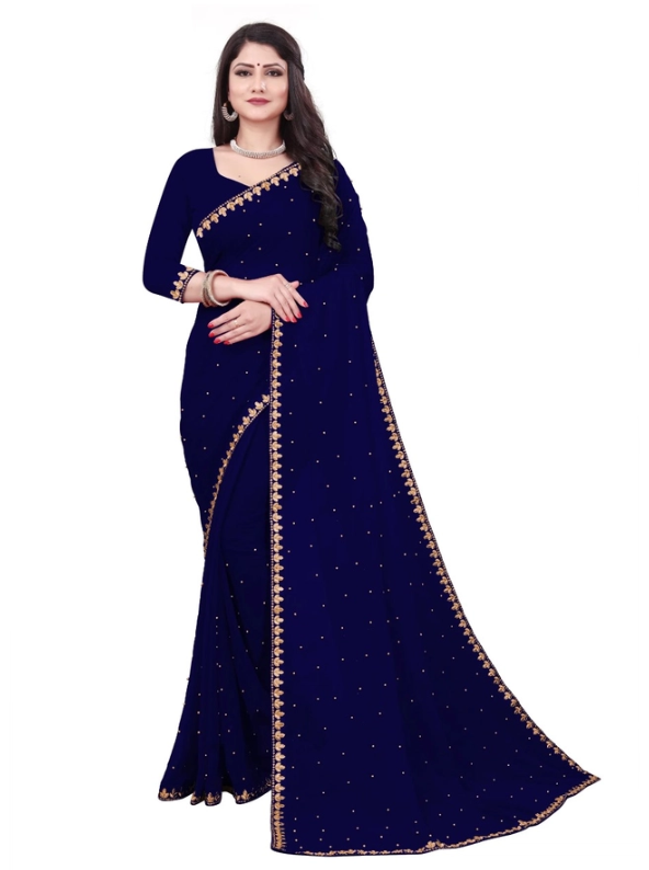 Navy blue women's saree with 5.5-meter length and matching blouse, elegant traditional attire from brand 6706.