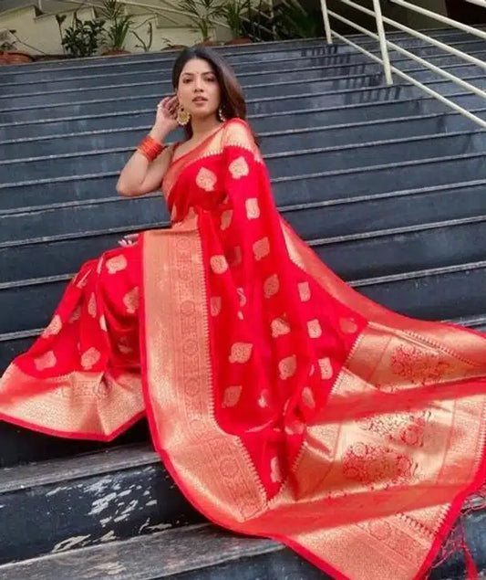 Red Jacquard printed saree for women, 6.3 meters with matching blouse, featuring intricate woven patterns and vibrant design.