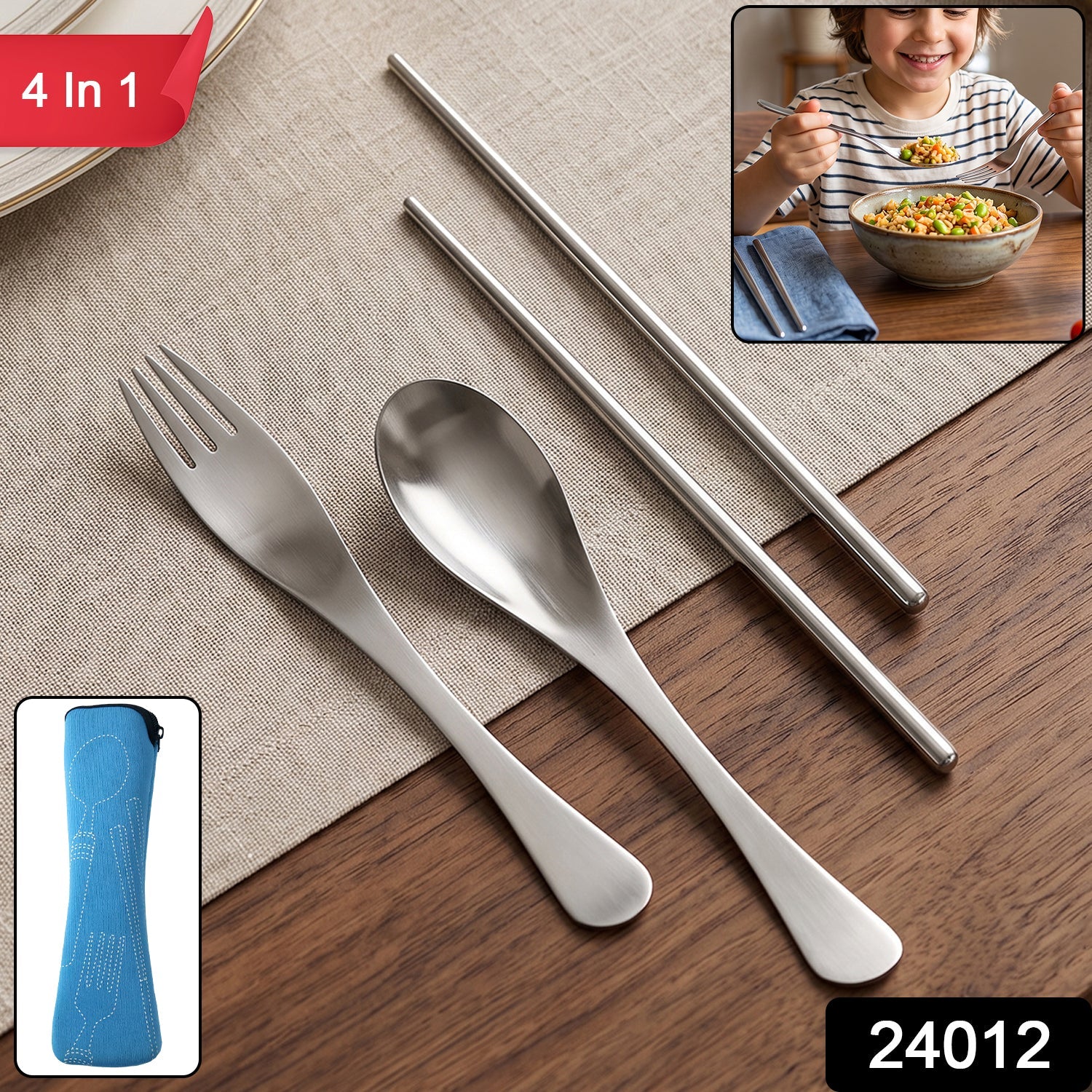 Wukusy 4-in-1 portable cutlery set with steel spoon, fork, and chopsticks in a compact pouch for easy travel.