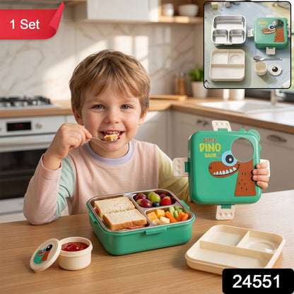 Wukusy steel kids dinosaur lunch box set with bento tray, spoon, and sauce cup, featuring colorful dinosaur designs for children.