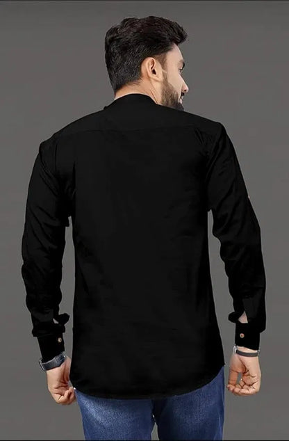 Set of three men's black slim fit cotton kurta sets with full sleeves, ideal for casual or semi-formal wear.