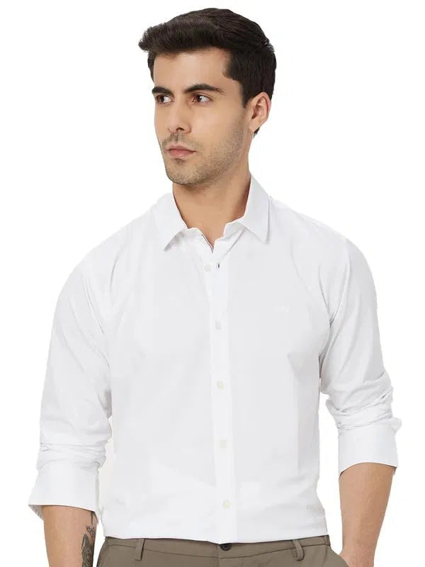 Set of three men's white slim fit formal and casual shirts with full sleeves, by 6824, featuring solid design and modern style.