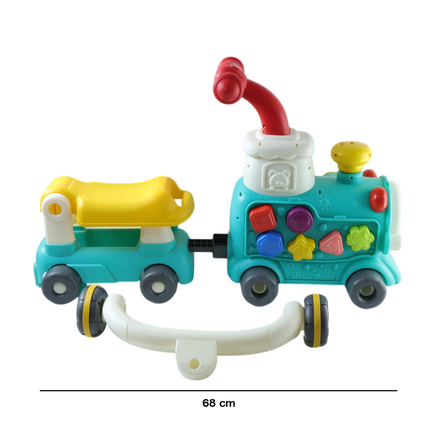 Wukusy Aditi Tiny Train baby walker ride-on toy with push handle, colorful plastic train for toddler fun and mobility.